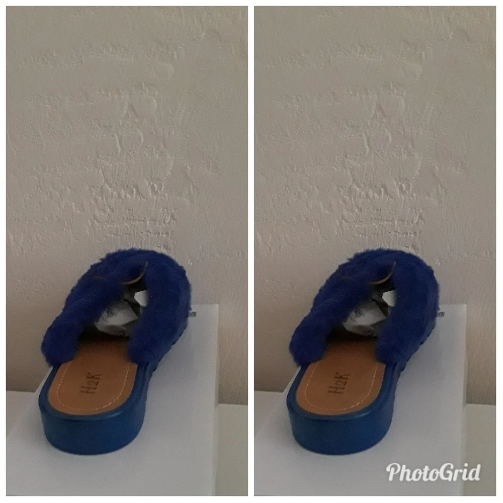 New Fur Slide Sandals Royal Blue Blush Low Wedge Size 7 and 8